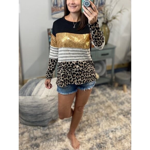 Glitter Leopard Striped Sweater Gold 0819 - Picture 5 of 12